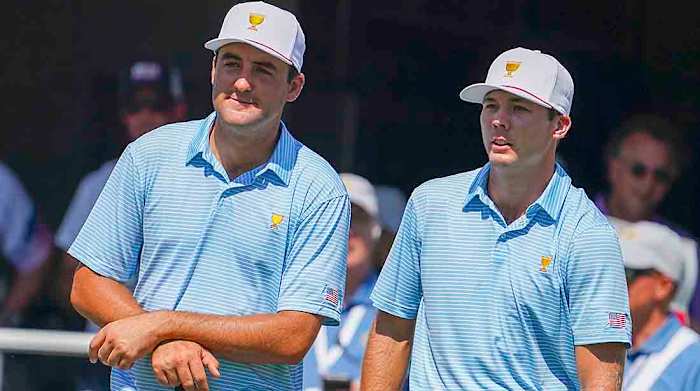 Teammates Scottie Scheffler and Sam Burns are pictured in Day 1 of the 2022 Presidents Cup.